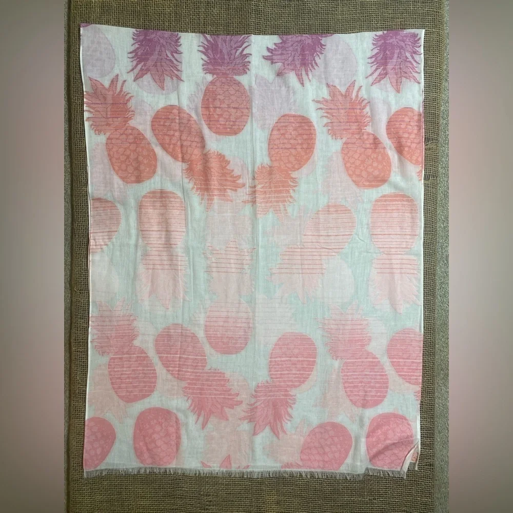Scarf White With Pink Peach & Purple Pineapples Fringe